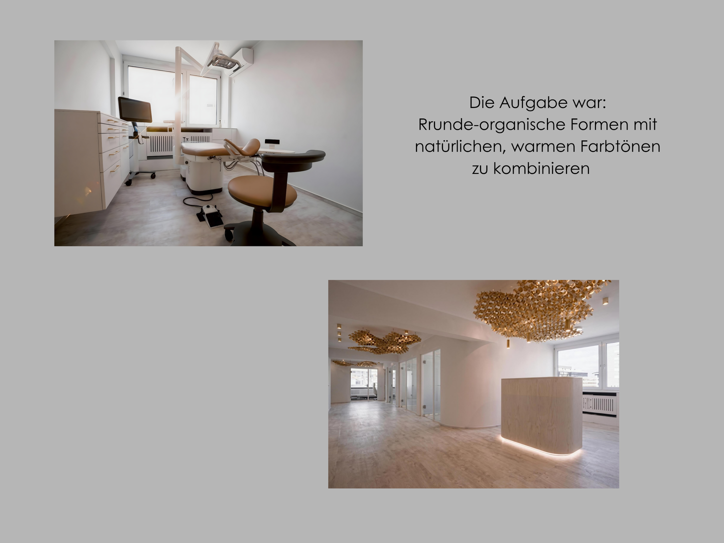 Behandlungszimmer und Empfangsbereich der Kieferorthopädie-Praxis Dr. Hakim in Frankfurt, runde organische Formen mit natürlichen, warmen Farbtönen, Empfangstheke mit indirekter Beleuchtung