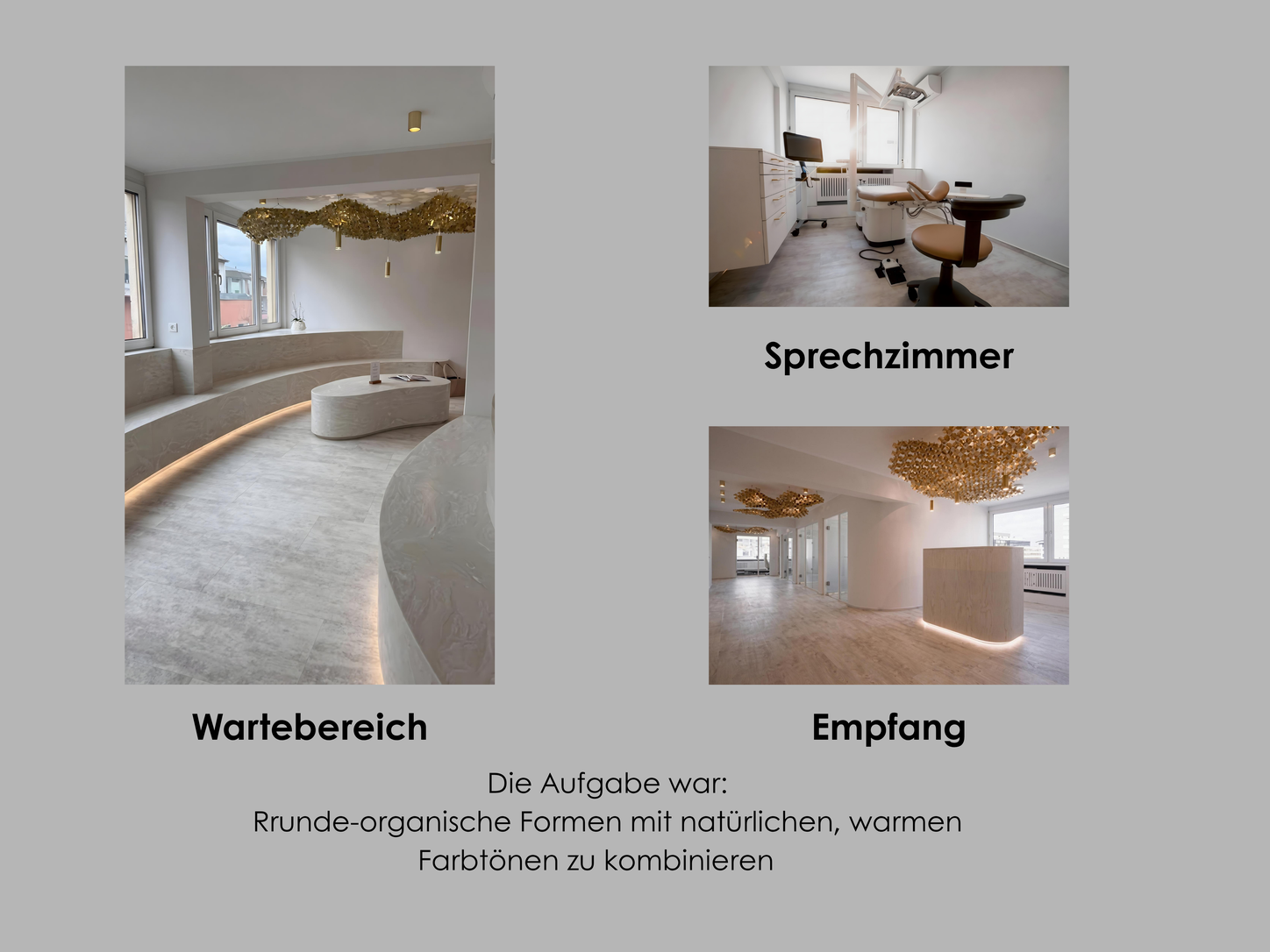 Übersicht der Praxisbereiche Wartebereich, Sprechzimmer und Empfang der Praxis Dr. Hakim in Frankfurt, organische Formen und warme Farbtöne, Sitzbänke und Empfangstheke aus Mineralwerkstoff