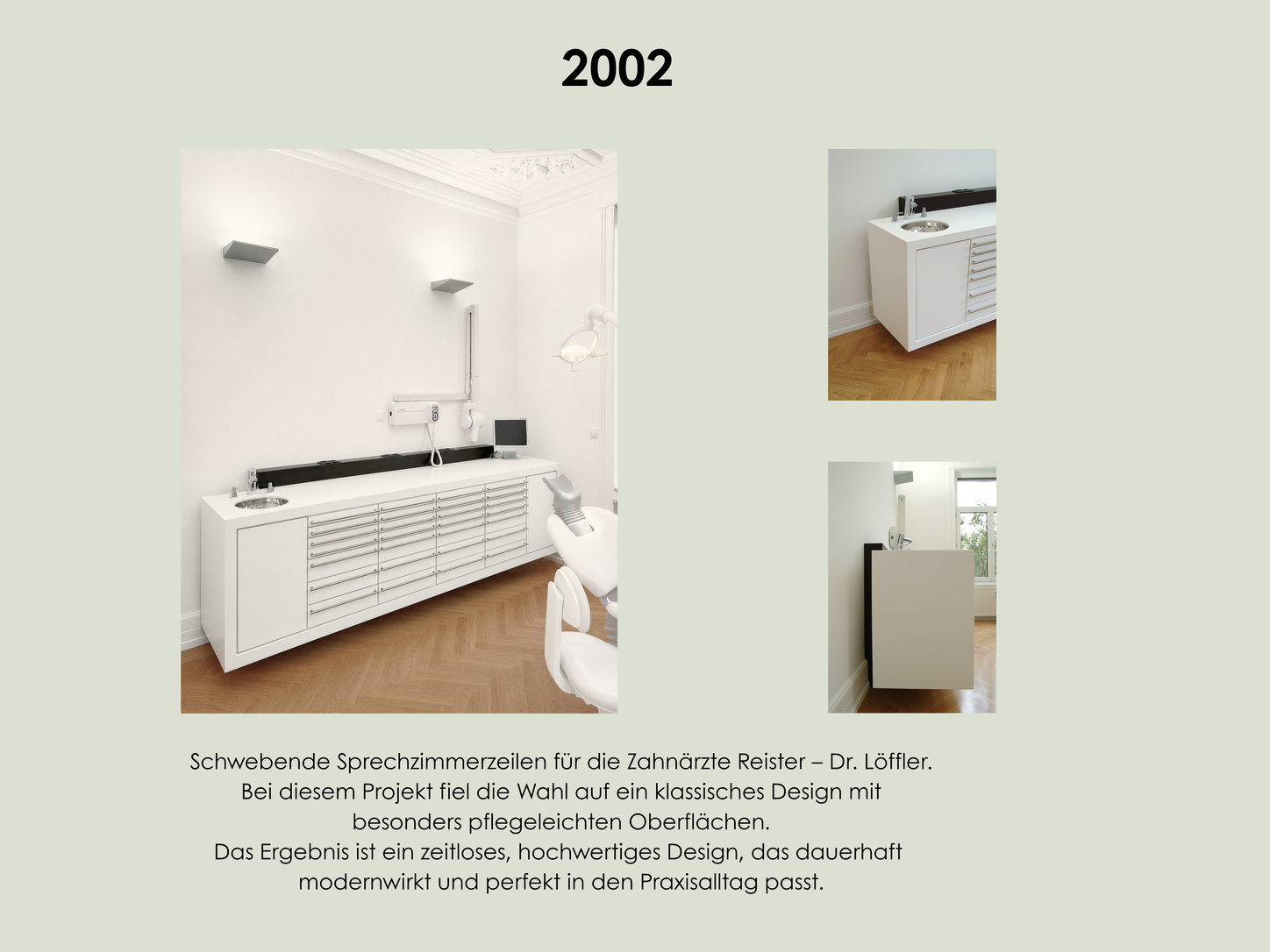Schwebende Behandlungszeile mit Corian-Oberflächen in der Zahnarztpraxis Reister und Dr. Löffler von PYLAR